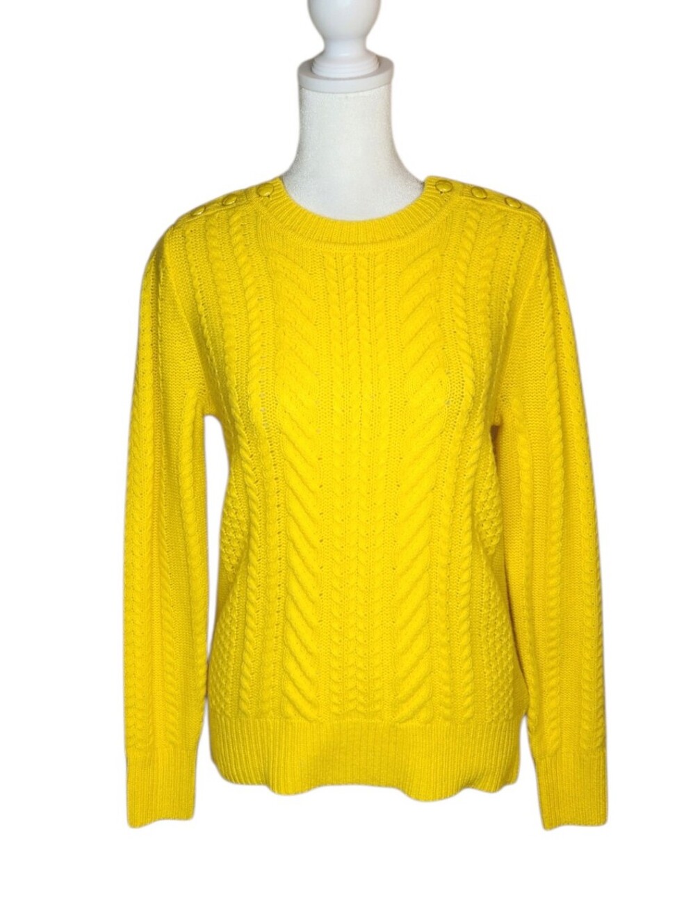 NEW J Crew 100% Wool Yellow Cable Knit Crew Neck Sweater Button Detail Size XS